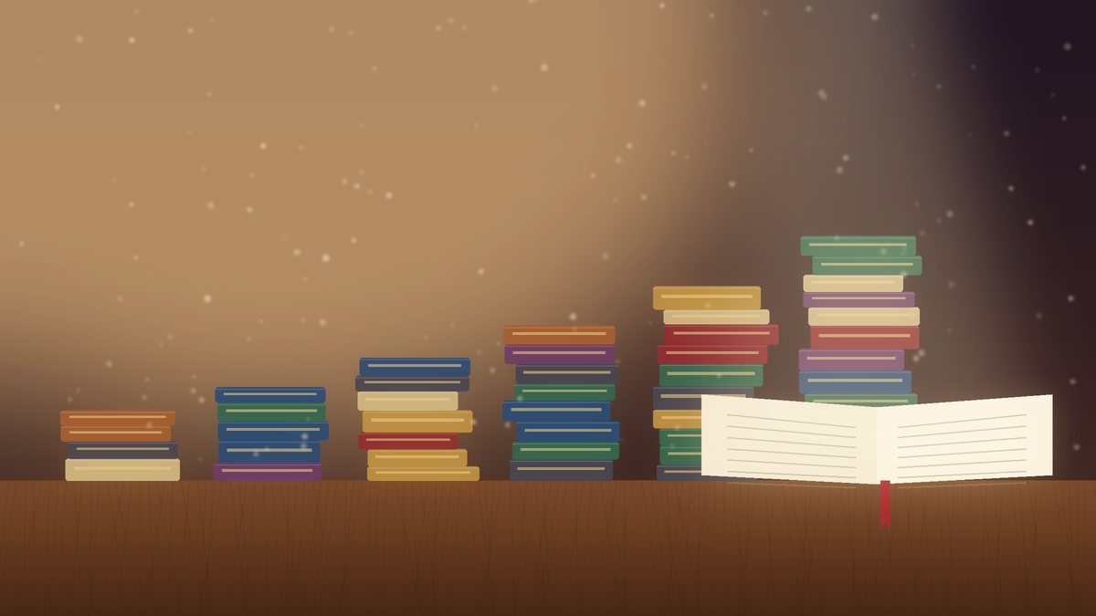 Illustration of tall stacks of books glowing in warm light beside an open book on a wooden reading desk