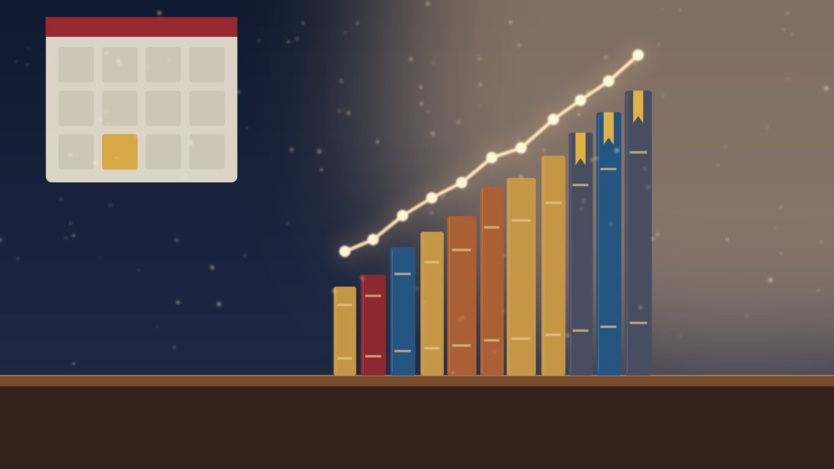 Illustration of a bookshelf where books of rising height form a bar chart under a wall calendar, lit by warm lamplight