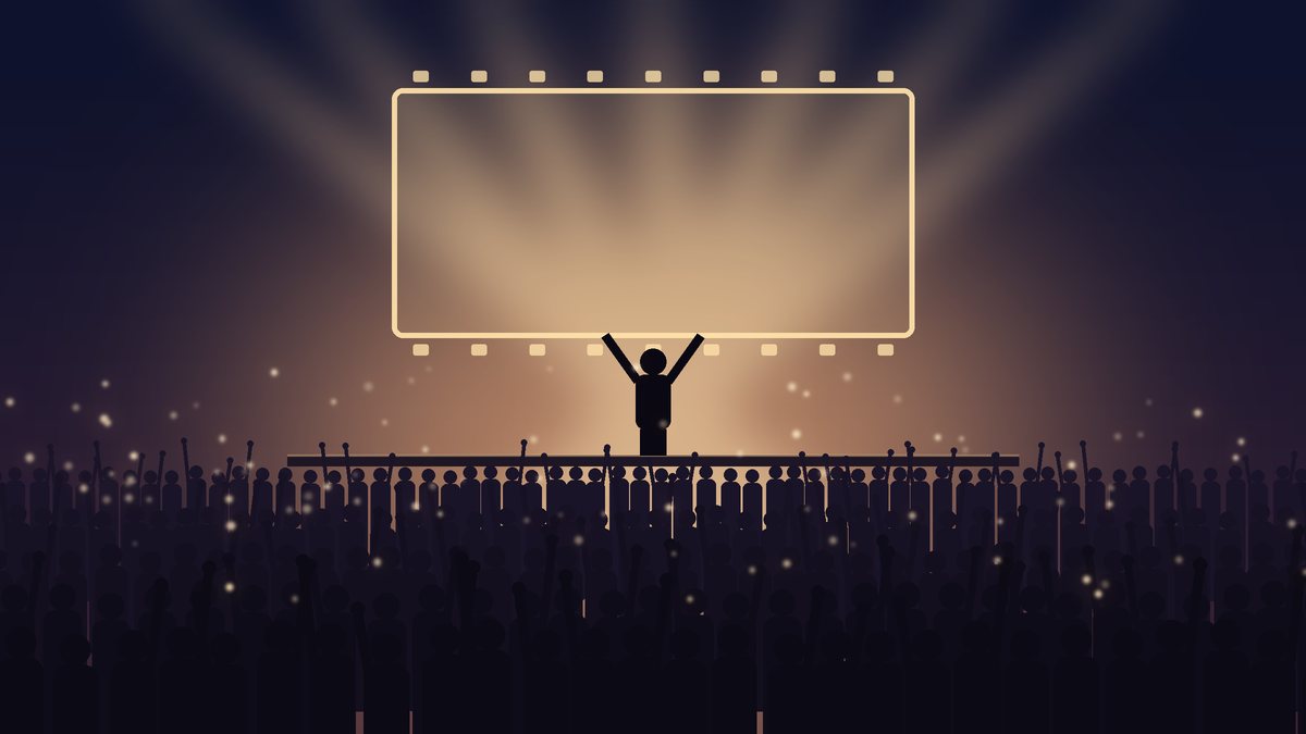 Illustration of a dark arena with silhouetted fans raising their hands toward a lit stage and a glowing film-frame outline above it
