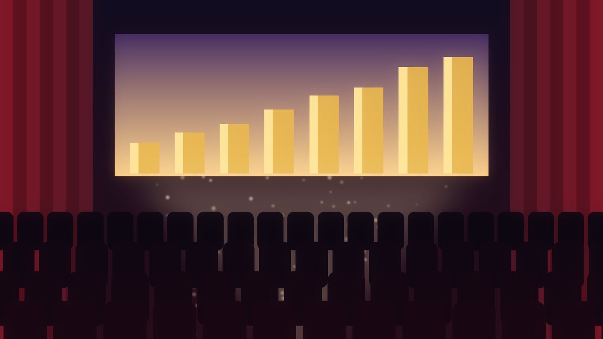 Illustration of a dark cinema with rows of seats facing a glowing screen that shows rising golden bars